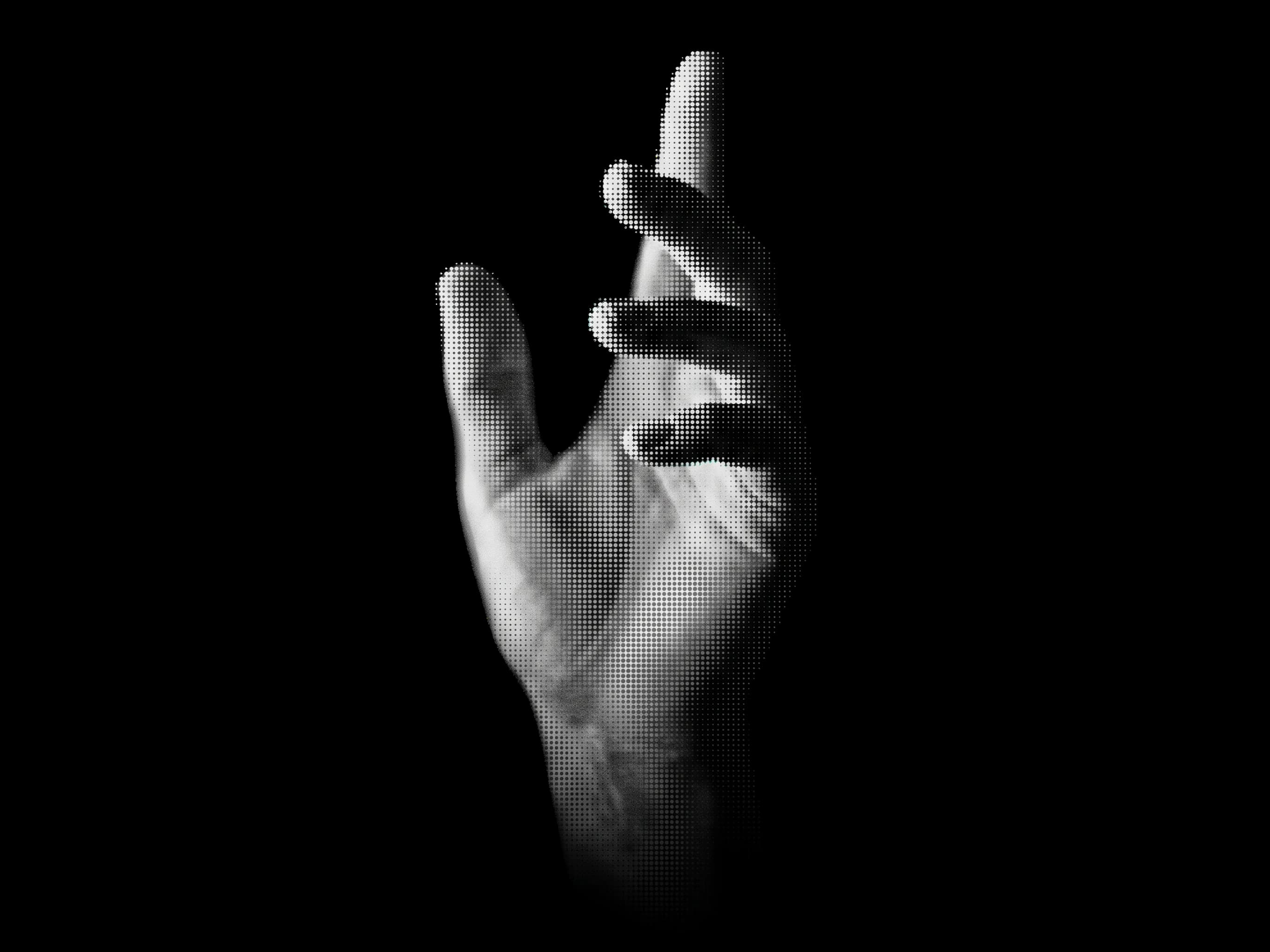 Halftone human hand symbolizing human-guided AI systems.